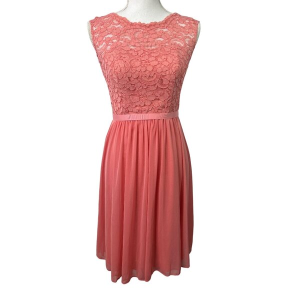 David’s Bridal Coral Pink Lace Chiffon Sleeveless Fit & Flare Dress Women’s Sz 2 - Picture 2 of 10